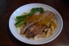 Fried fish with broccolini and pasta